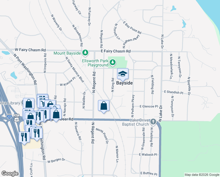 map of restaurants, bars, coffee shops, grocery stores, and more near 9029 North King Road in Bayside