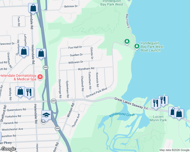 map of restaurants, bars, coffee shops, grocery stores, and more near 207 Wyndham Road in Rochester