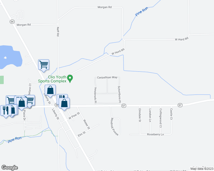 map of restaurants, bars, coffee shops, grocery stores, and more near 12064 Schonborn Place in Clio