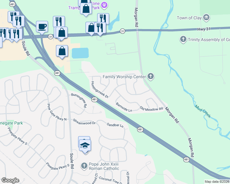 map of restaurants, bars, coffee shops, grocery stores, and more near 4262 Huntingcreek Drive in Clay