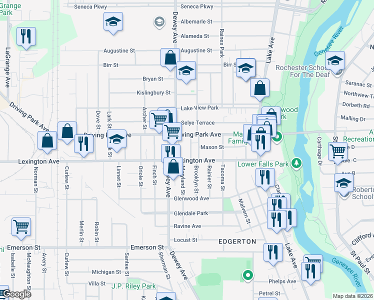 map of restaurants, bars, coffee shops, grocery stores, and more near 18 Broezel Street in Rochester