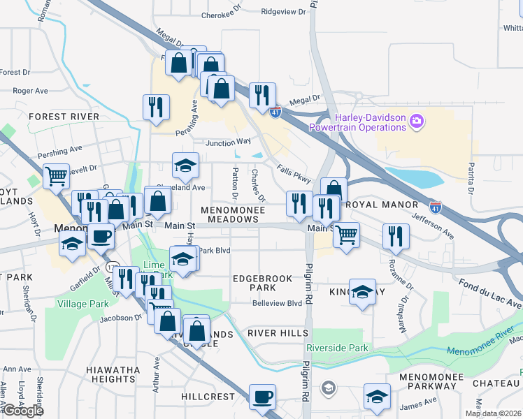 map of restaurants, bars, coffee shops, grocery stores, and more near N89W15847 Cleveland Avenue in Menomonee Falls