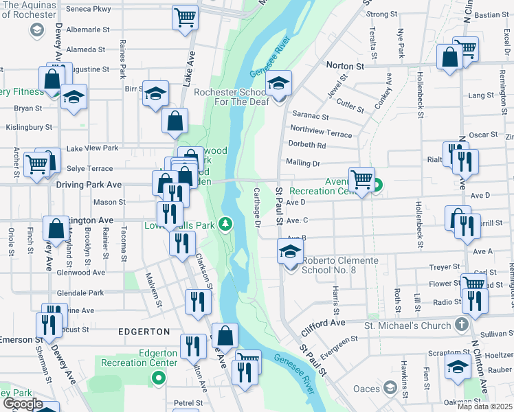 map of restaurants, bars, coffee shops, grocery stores, and more near 23 Carthage Drive in Rochester