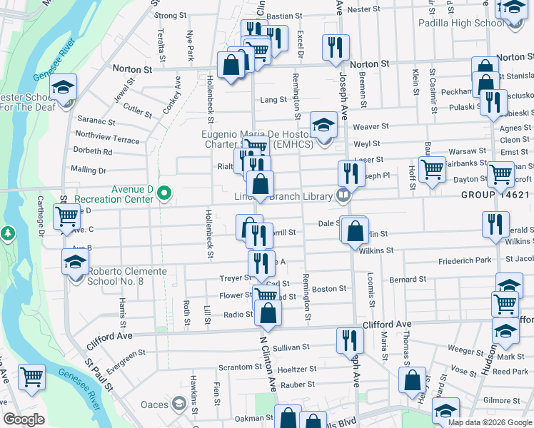 map of restaurants, bars, coffee shops, grocery stores, and more near 406 Avenue D in Rochester