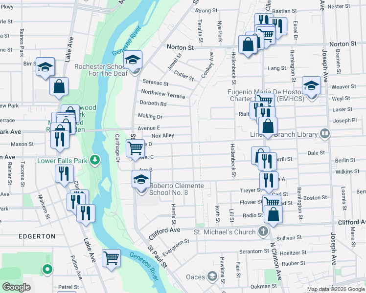 map of restaurants, bars, coffee shops, grocery stores, and more near 150 Avenue D in Rochester