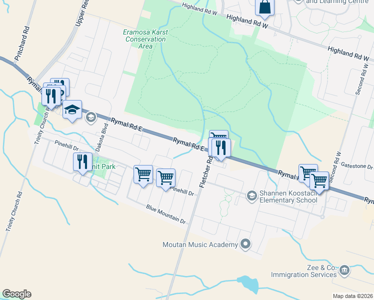 map of restaurants, bars, coffee shops, grocery stores, and more near 1937 Rymal Road East in Hamilton
