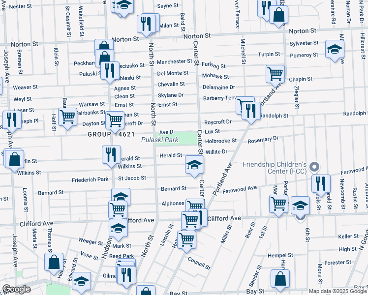 map of restaurants, bars, coffee shops, grocery stores, and more near 89 Gothic Street in Rochester
