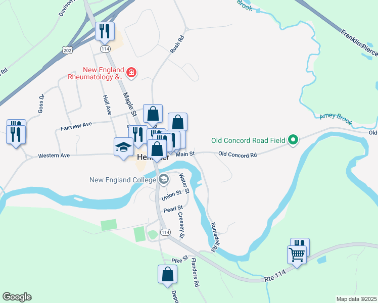map of restaurants, bars, coffee shops, grocery stores, and more near 66 Crescent Street in Henniker