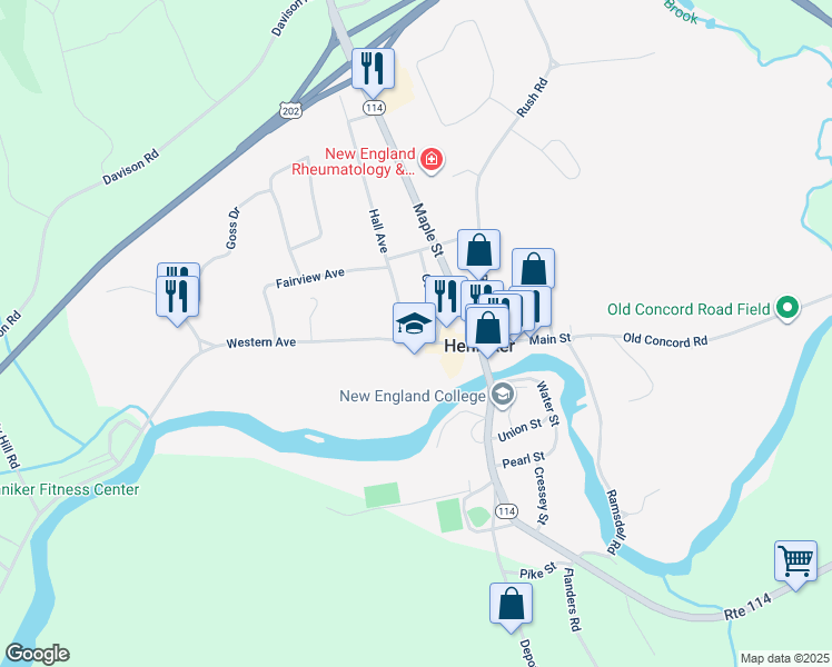map of restaurants, bars, coffee shops, grocery stores, and more near 25 Gould Street in Henniker