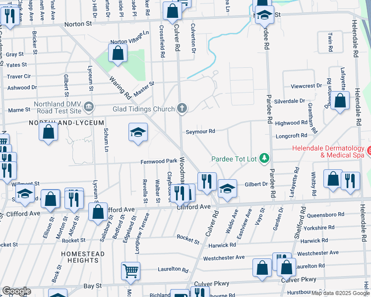 map of restaurants, bars, coffee shops, grocery stores, and more near 1904 Culver Road in Rochester