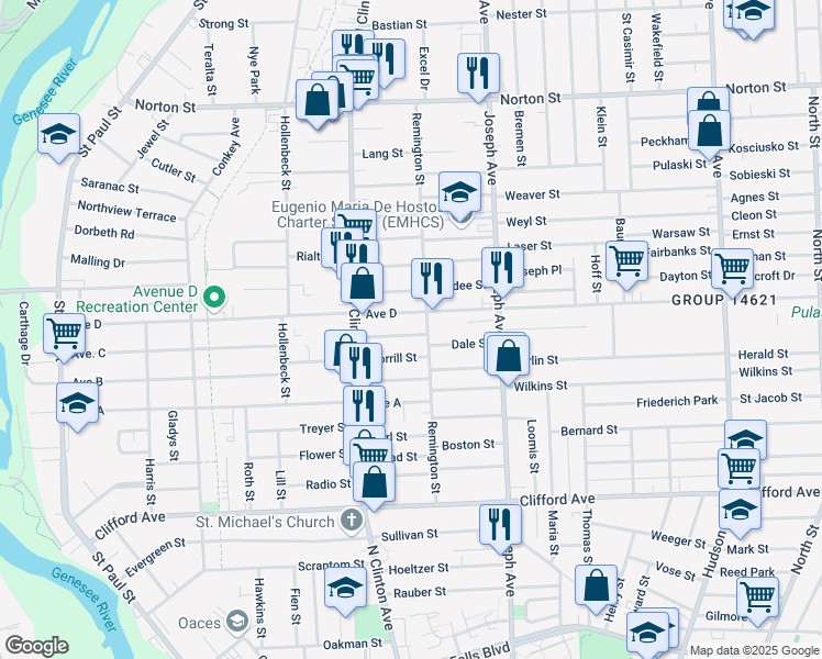 map of restaurants, bars, coffee shops, grocery stores, and more near 460 Avenue D in Rochester