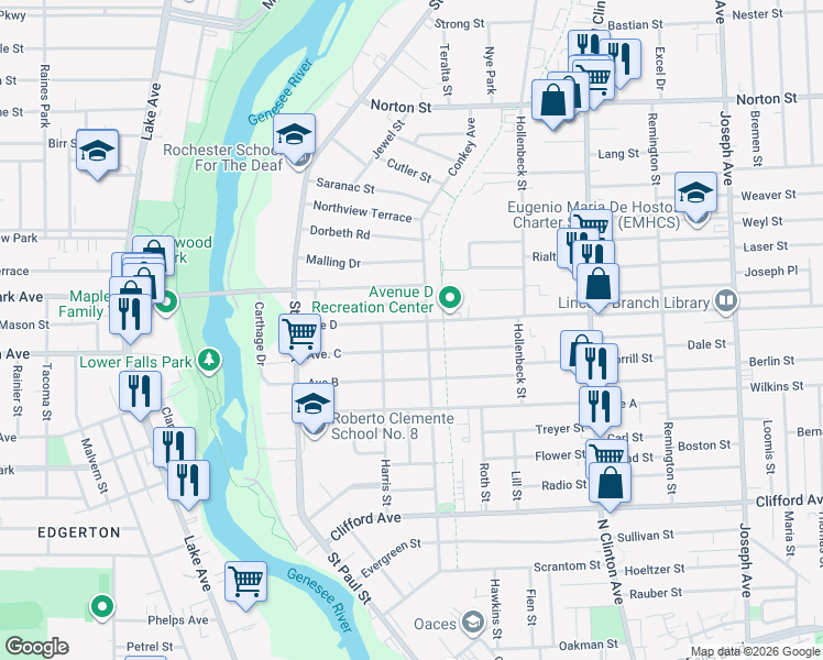 map of restaurants, bars, coffee shops, grocery stores, and more near 150 Avenue D in Rochester
