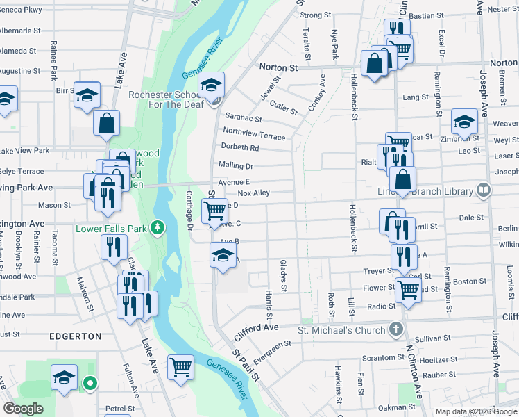 map of restaurants, bars, coffee shops, grocery stores, and more near 104 Avenue D in Rochester