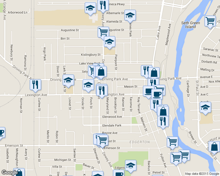 map of restaurants, bars, coffee shops, grocery stores, and more near 18 Broezel Street in Rochester