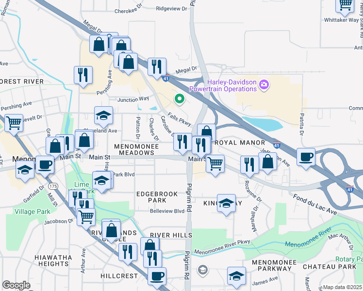 map of restaurants, bars, coffee shops, grocery stores, and more near N89W15622 Cleveland Avenue in Menomonee Falls