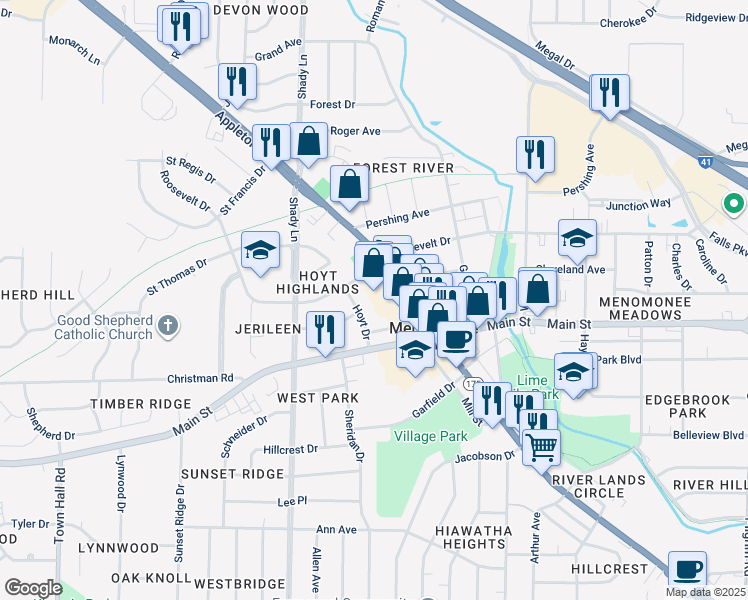 map of restaurants, bars, coffee shops, grocery stores, and more near in Menomonee Falls