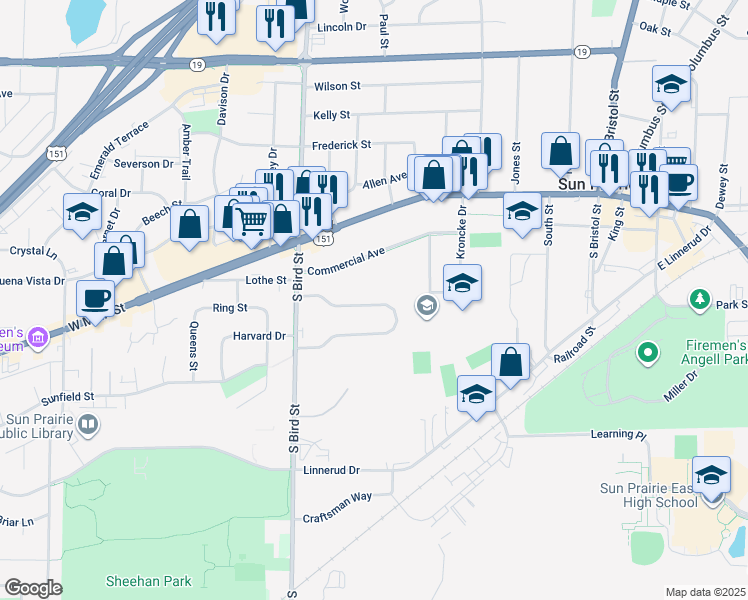 map of restaurants, bars, coffee shops, grocery stores, and more near 159 Talon Place in Sun Prairie
