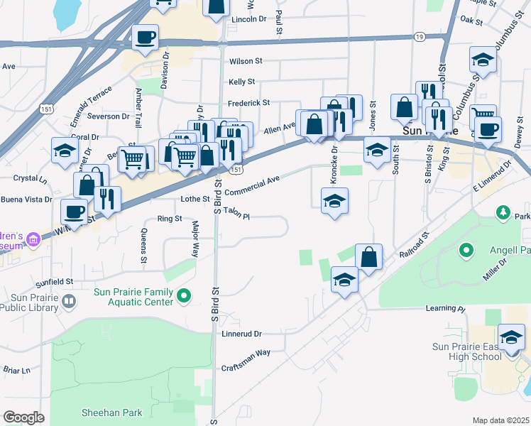 map of restaurants, bars, coffee shops, grocery stores, and more near 159 Talon Place in Sun Prairie