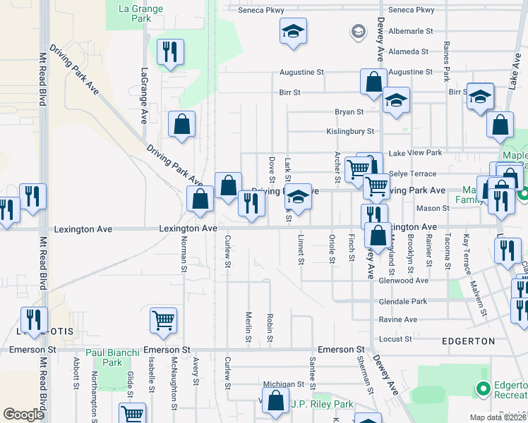 map of restaurants, bars, coffee shops, grocery stores, and more near 15 Canary Street in Rochester