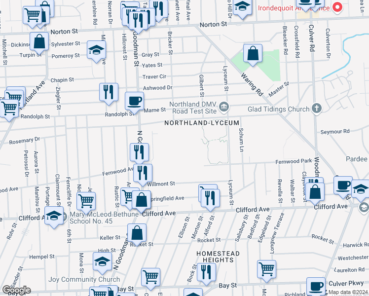 map of restaurants, bars, coffee shops, grocery stores, and more near 1400 Goodman Street North in Rochester