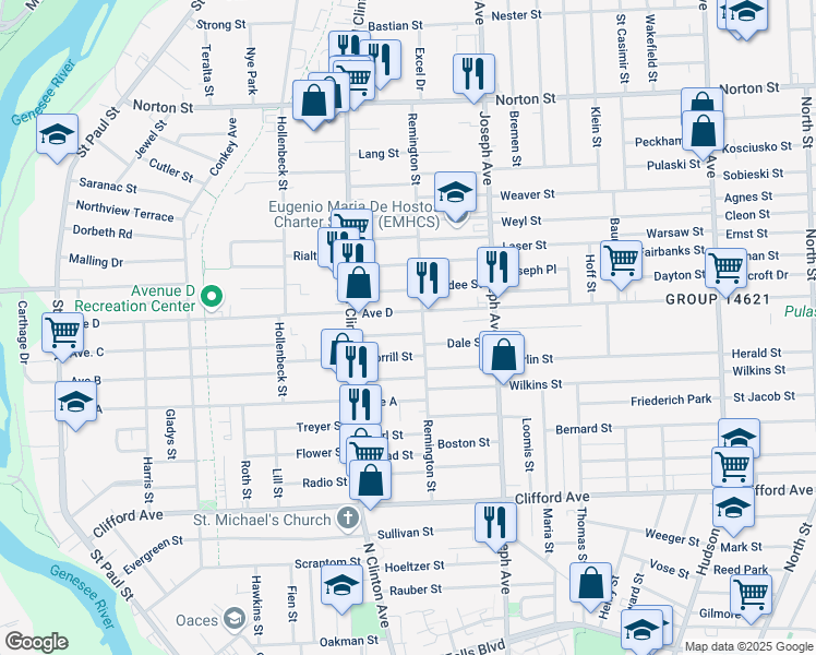 map of restaurants, bars, coffee shops, grocery stores, and more near 460 Avenue D in Rochester