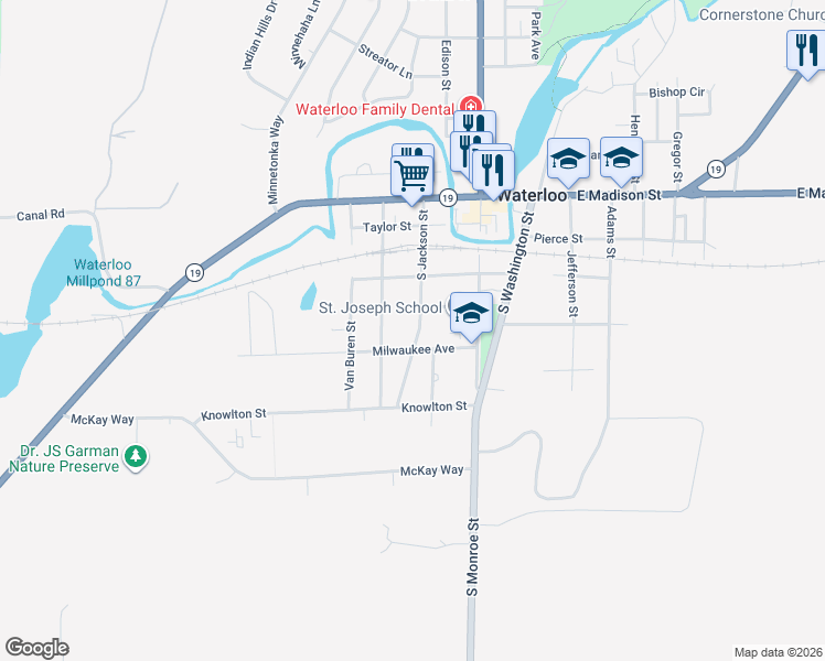 map of restaurants, bars, coffee shops, grocery stores, and more near 373 South Jackson Street in Waterloo