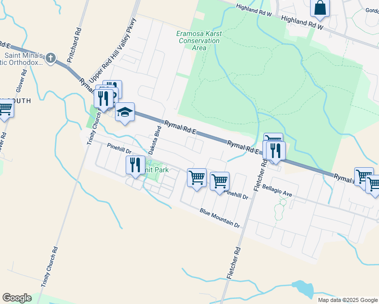map of restaurants, bars, coffee shops, grocery stores, and more near 1890 Rymal Road East in Hamilton