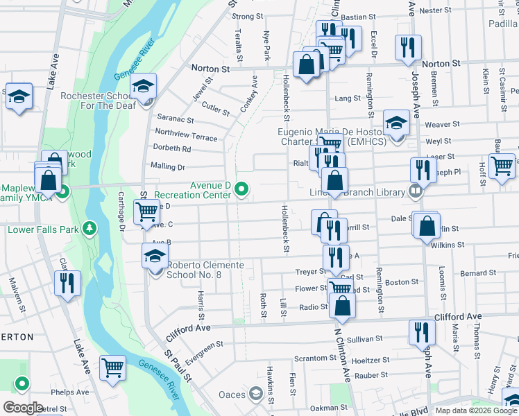 map of restaurants, bars, coffee shops, grocery stores, and more near 250 Avenue D in Rochester