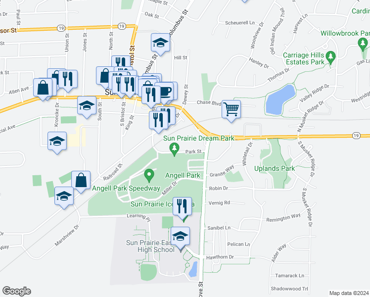 map of restaurants, bars, coffee shops, grocery stores, and more near 580 Park Street in Sun Prairie