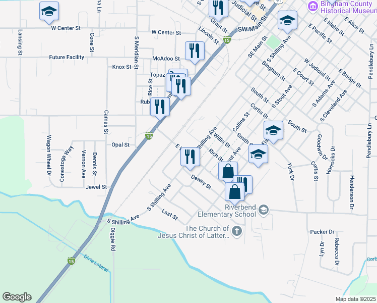 map of restaurants, bars, coffee shops, grocery stores, and more near 937 South Shilling Avenue in Blackfoot