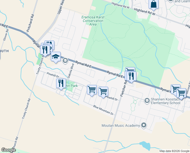 map of restaurants, bars, coffee shops, grocery stores, and more near 1890 Rymal Road East in Hamilton