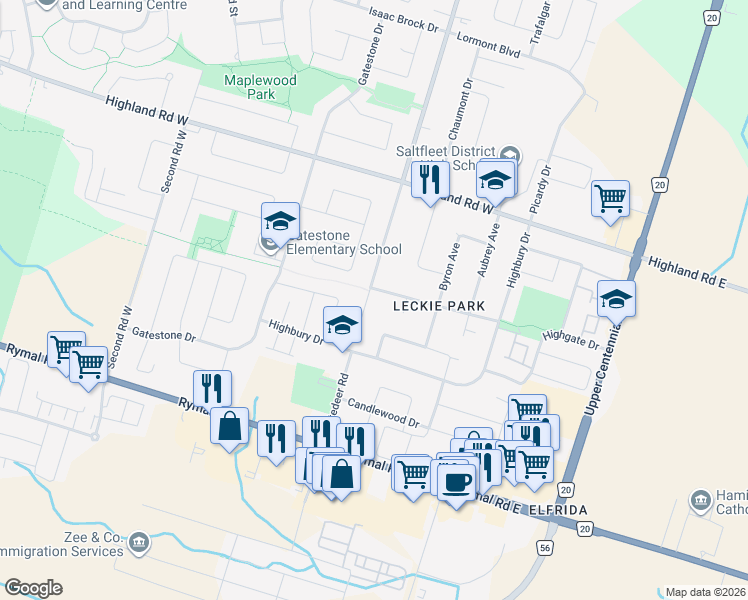 map of restaurants, bars, coffee shops, grocery stores, and more near 70 First Road West in Hamilton