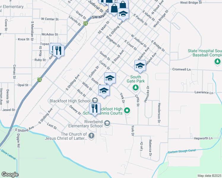 map of restaurants, bars, coffee shops, grocery stores, and more near 460 York Drive in Blackfoot