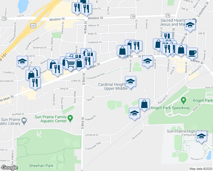 map of restaurants, bars, coffee shops, grocery stores, and more near 159 Talon Place in Sun Prairie