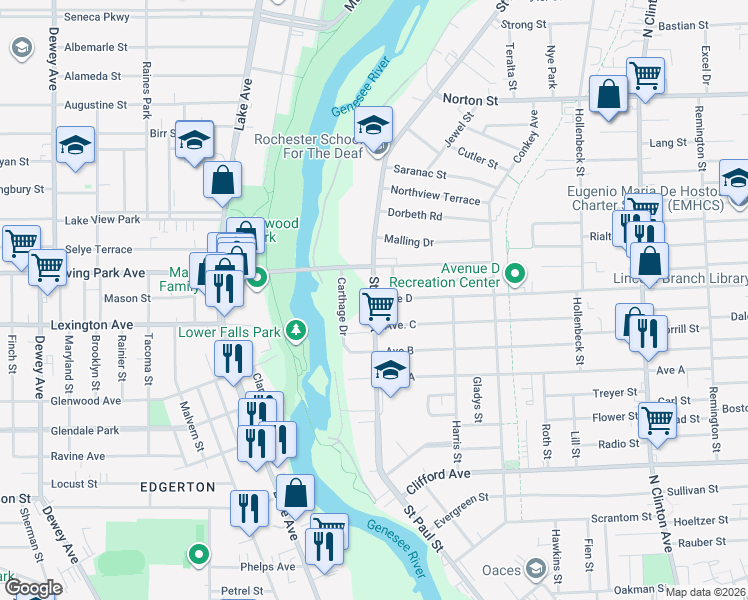 map of restaurants, bars, coffee shops, grocery stores, and more near in Rochester