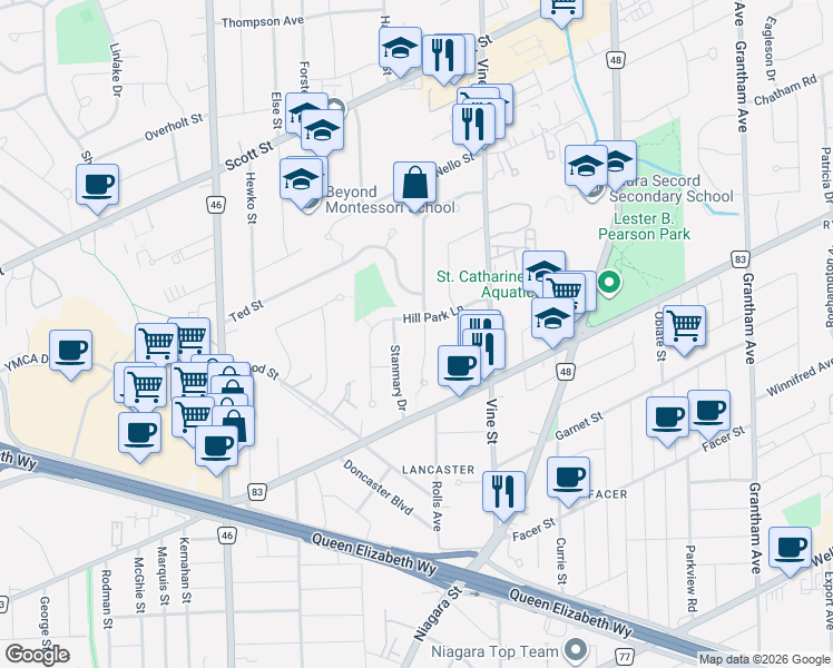 map of restaurants, bars, coffee shops, grocery stores, and more near 21 Allan Drive in St. Catharines