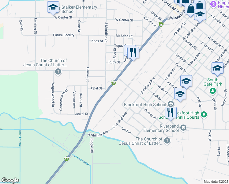 map of restaurants, bars, coffee shops, grocery stores, and more near 2-98 West Walker Street in Blackfoot