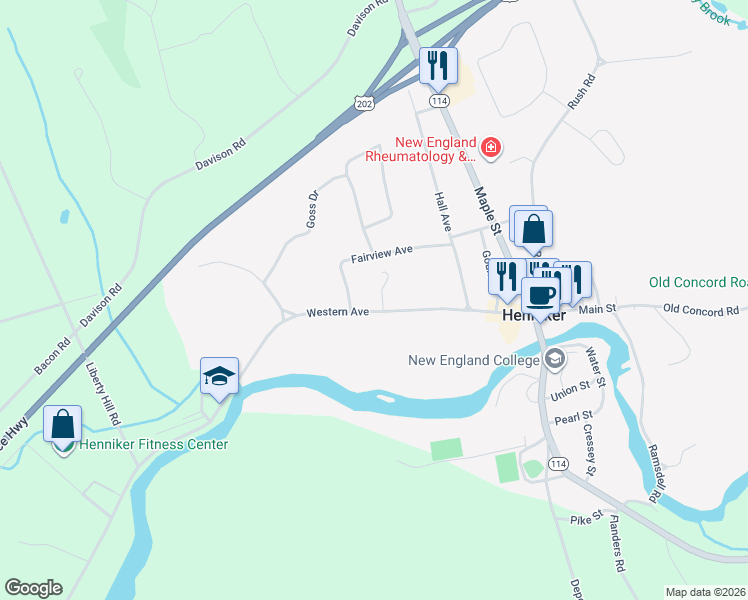 map of restaurants, bars, coffee shops, grocery stores, and more near 176 Western Avenue in Henniker