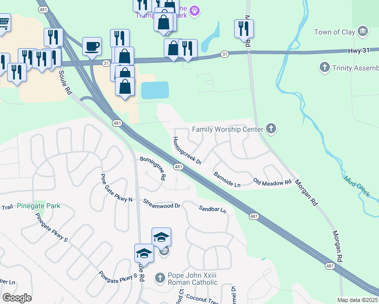 map of restaurants, bars, coffee shops, grocery stores, and more near 4215 Huntingcreek Drive in Clay