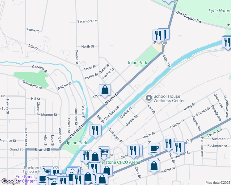 map of restaurants, bars, coffee shops, grocery stores, and more near 295 Clinton Street in Lockport