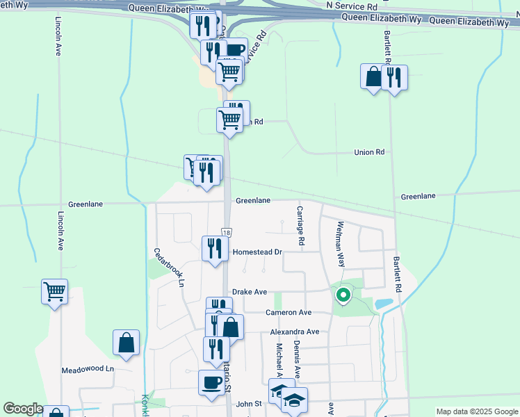 map of restaurants, bars, coffee shops, grocery stores, and more near 4960 Greenlane in Lincoln