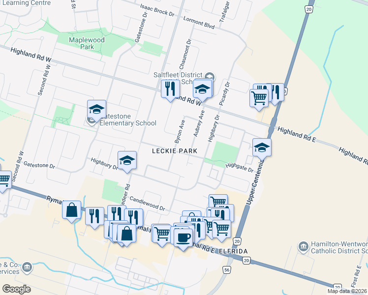 map of restaurants, bars, coffee shops, grocery stores, and more near in Hamilton