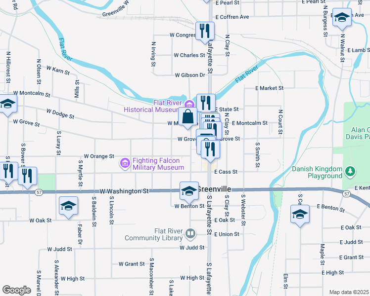 map of restaurants, bars, coffee shops, grocery stores, and more near 211 West Grove Street in Greenville