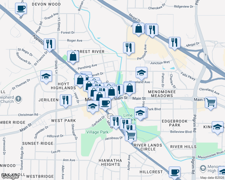 map of restaurants, bars, coffee shops, grocery stores, and more near W165 N8910 Grand Avenue in Menomonee Falls