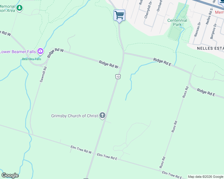 map of restaurants, bars, coffee shops, grocery stores, and more near 122 Mountain Road in Grimsby