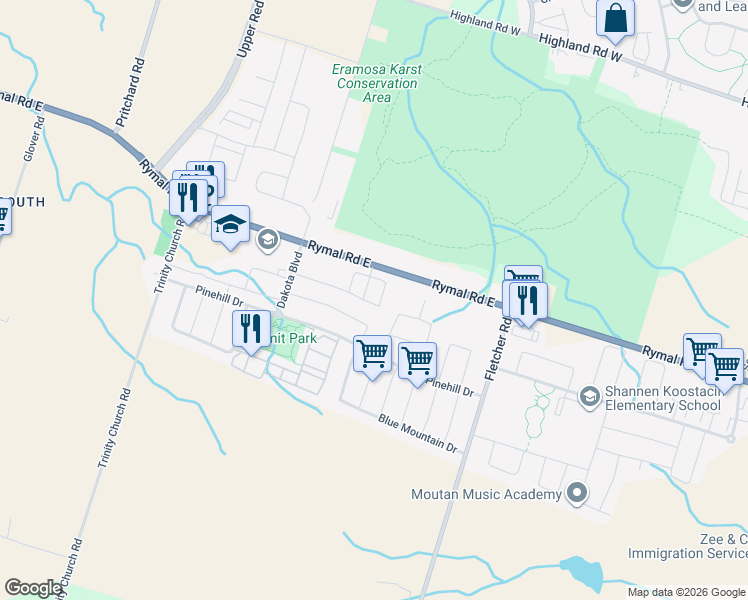 map of restaurants, bars, coffee shops, grocery stores, and more near 1890 Rymal Road East in Hamilton