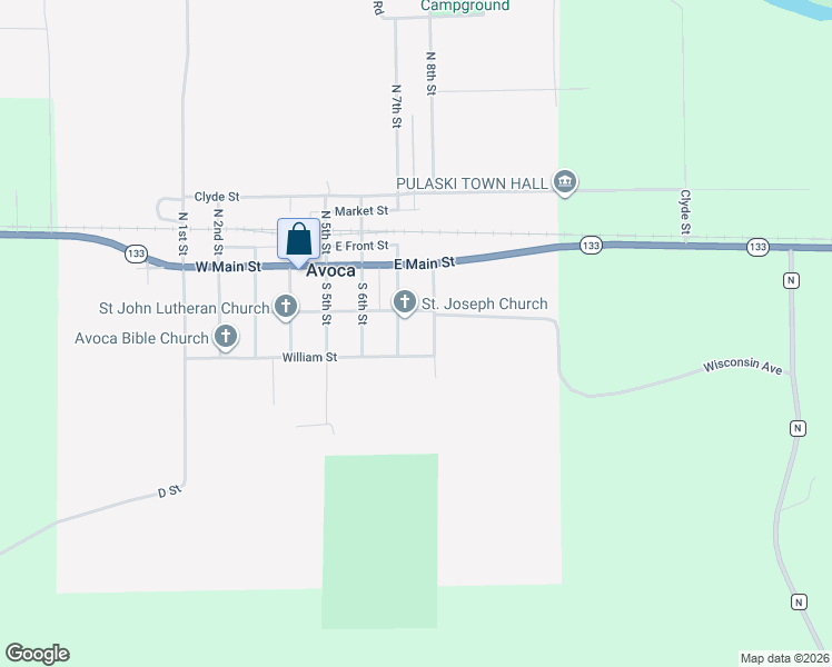 map of restaurants, bars, coffee shops, grocery stores, and more near 703 East Wisconsin Street in Avoca