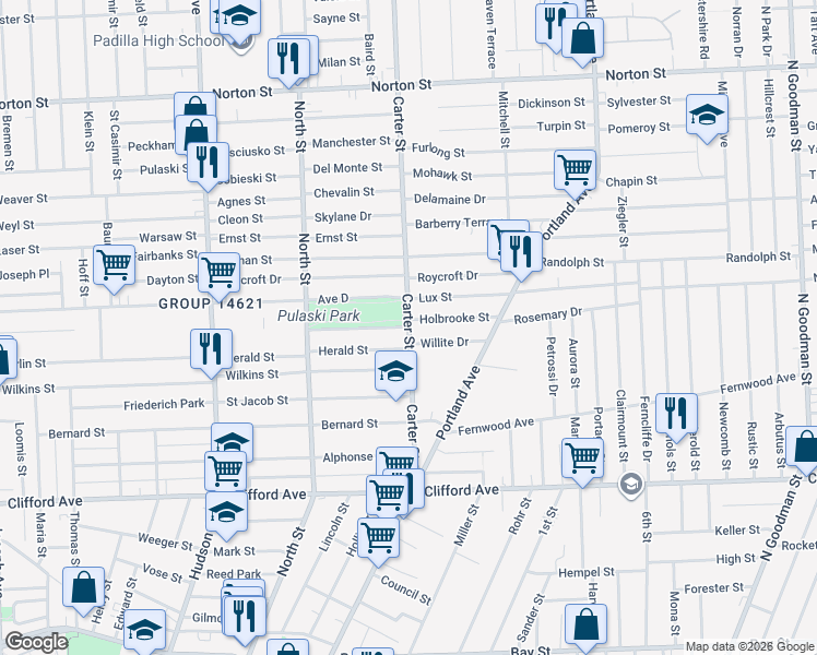 map of restaurants, bars, coffee shops, grocery stores, and more near Carter Street & Gothic Street in Rochester