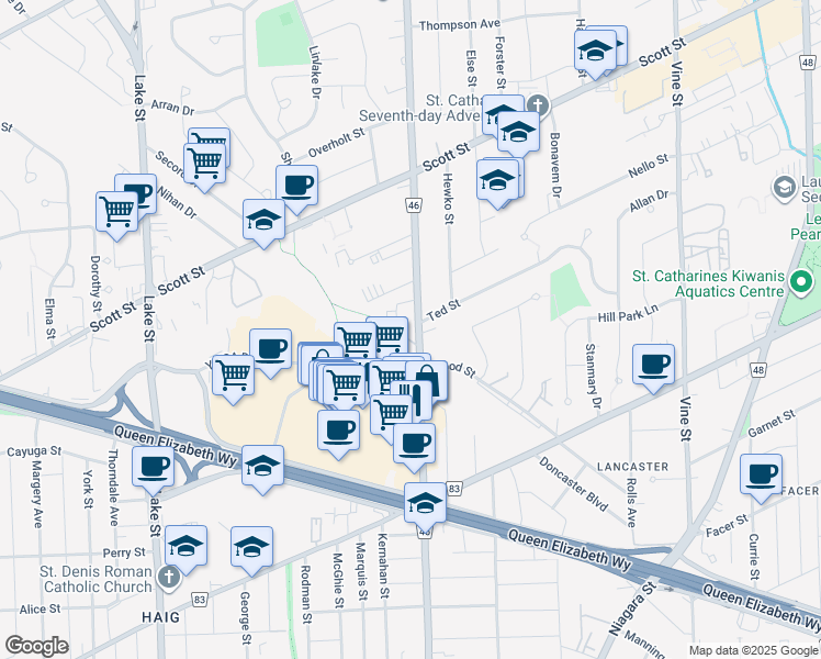 map of restaurants, bars, coffee shops, grocery stores, and more near 333 Geneva Street in St. Catharines