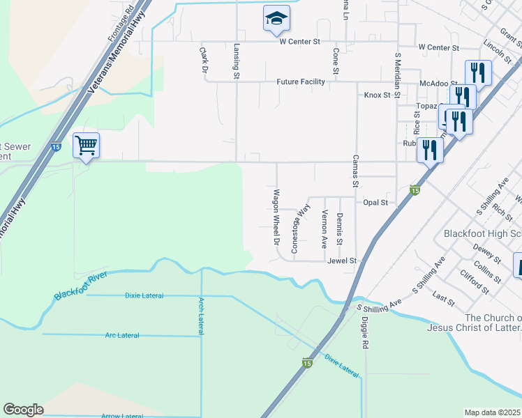 map of restaurants, bars, coffee shops, grocery stores, and more near 1415 Chuckwagon Place in Blackfoot